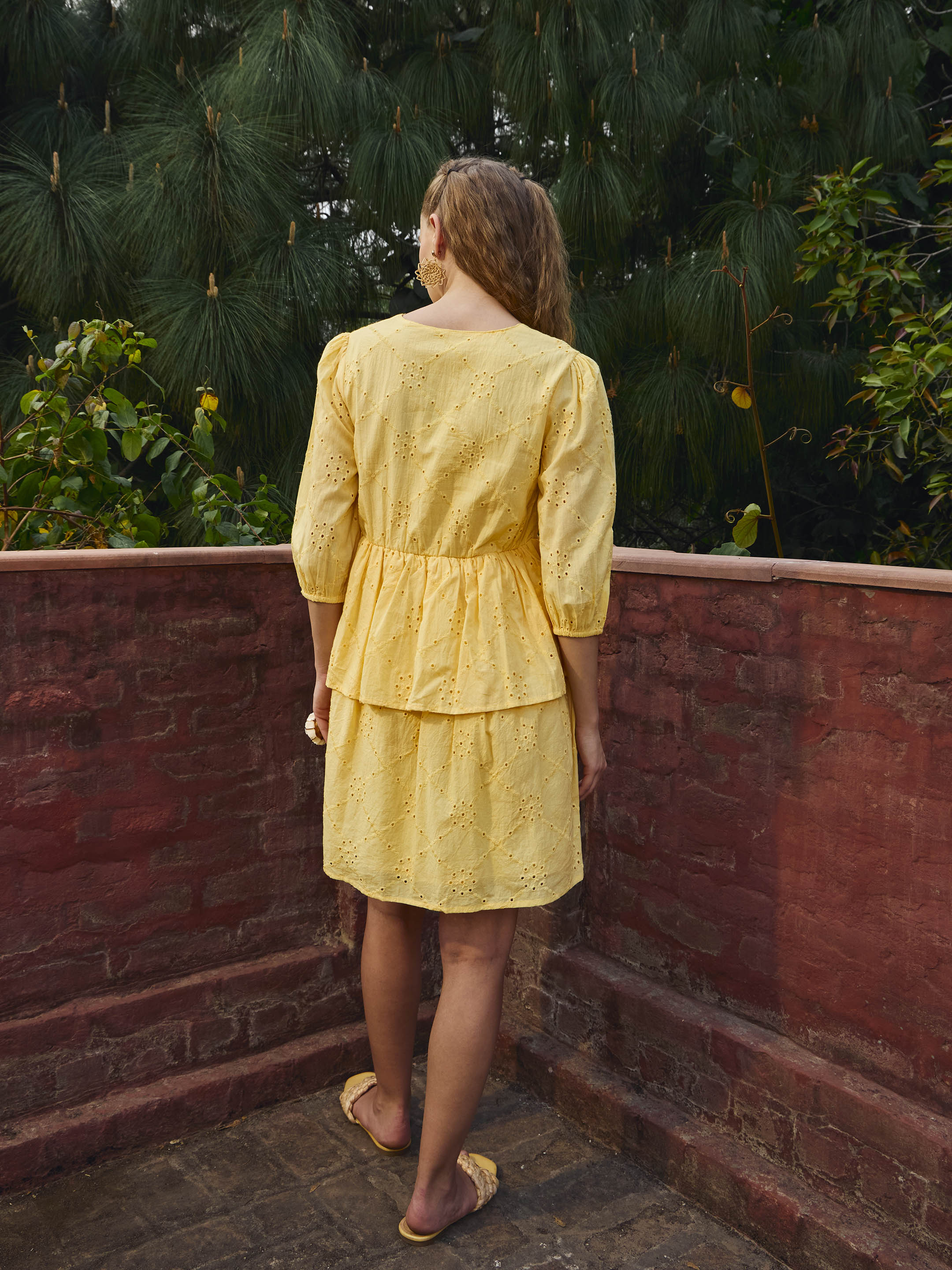 Women Yellow Schiffli V-Neck Frill Detail Short Dress-SFDRSS12872
