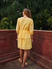 Women Yellow Schiffli V-Neck Frill Detail Short Dress-SFDRSS12872