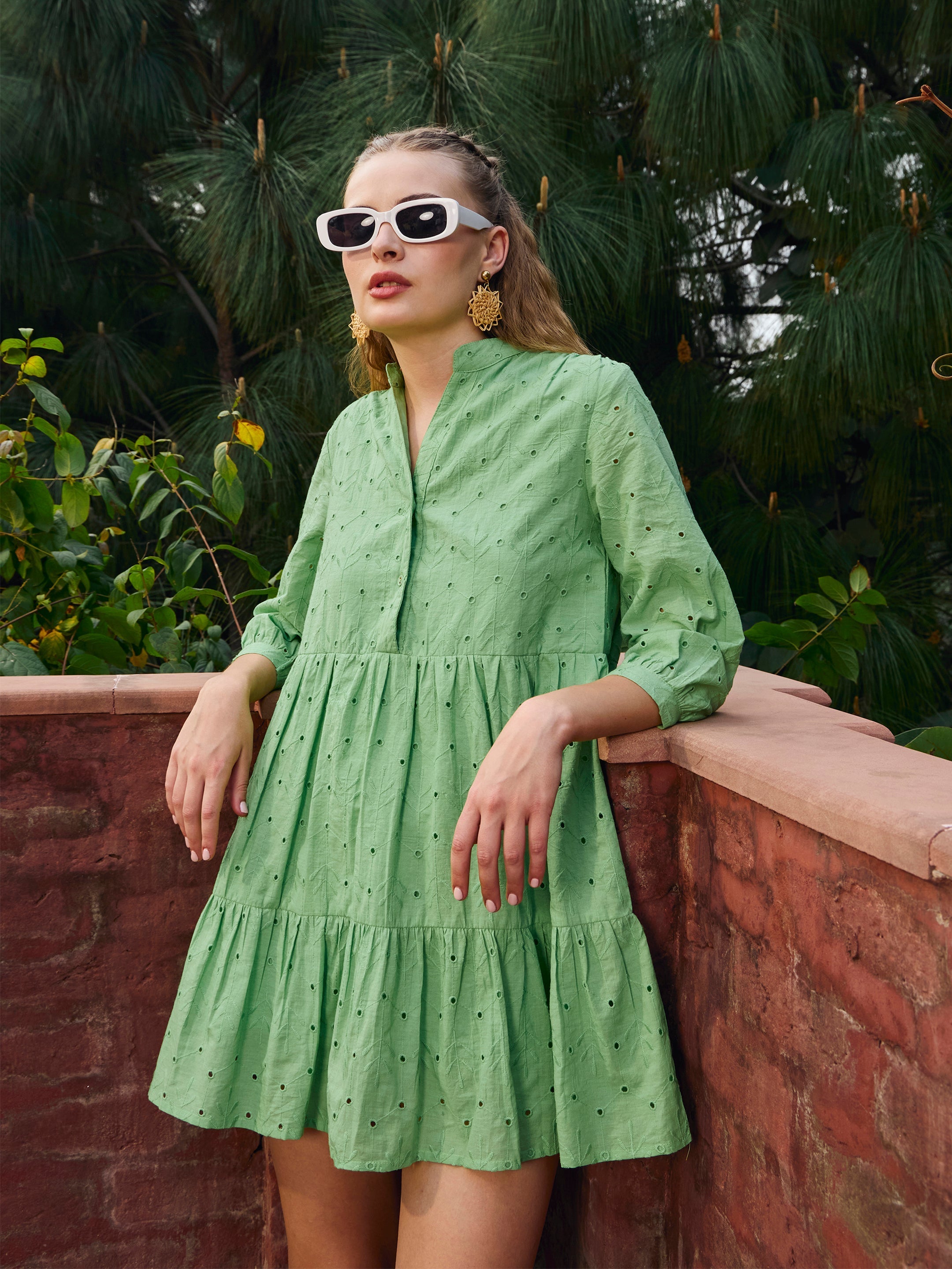 Women Green Schiffli Mandarin Collar Short Dress-SFDRSS12873