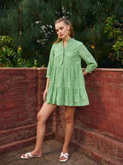 Women Green Schiffli Mandarin Collar Short Dress-SFDRSS12873