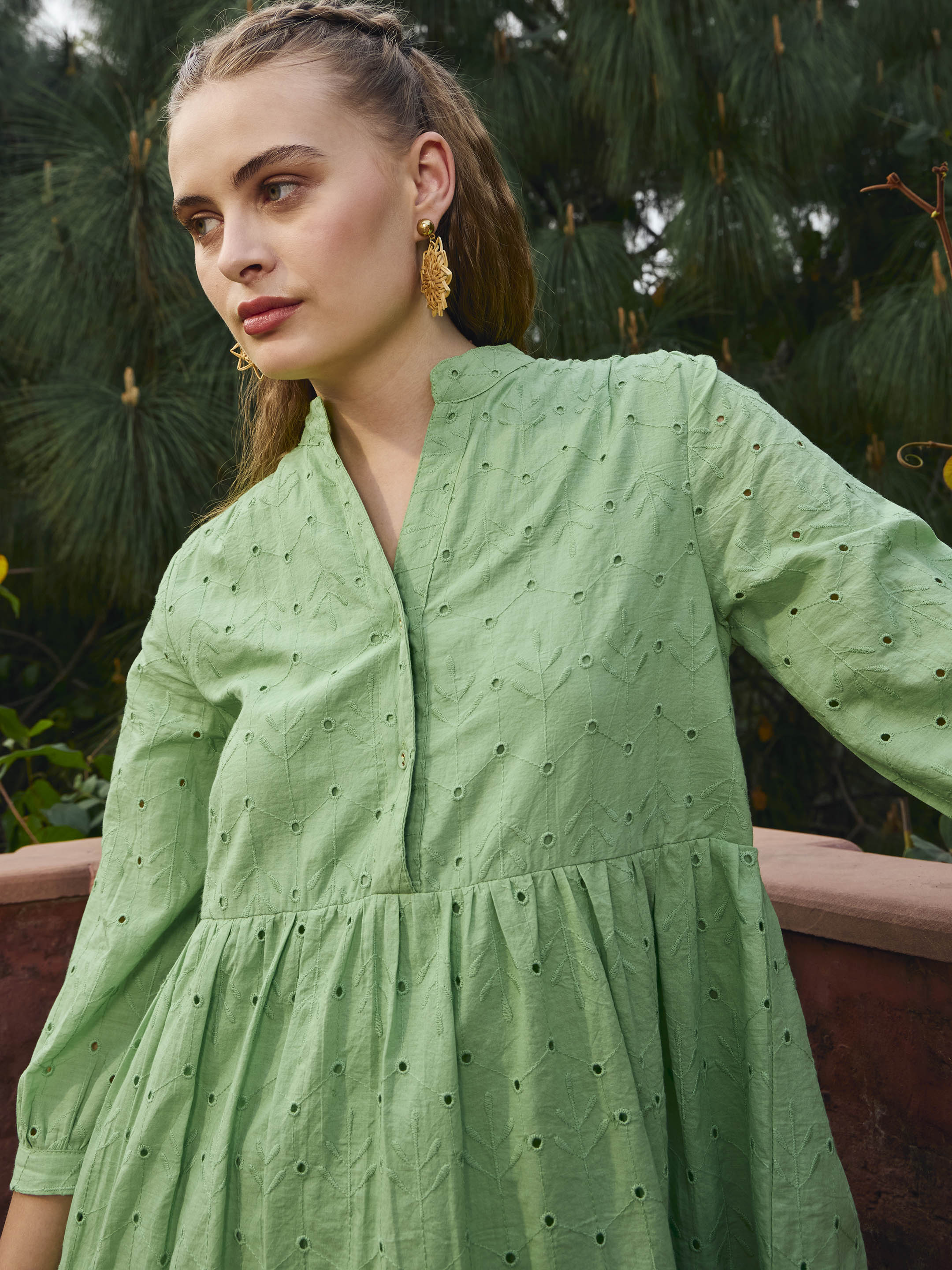 Women Green Schiffli Mandarin Collar Short Dress-SFDRSS12873