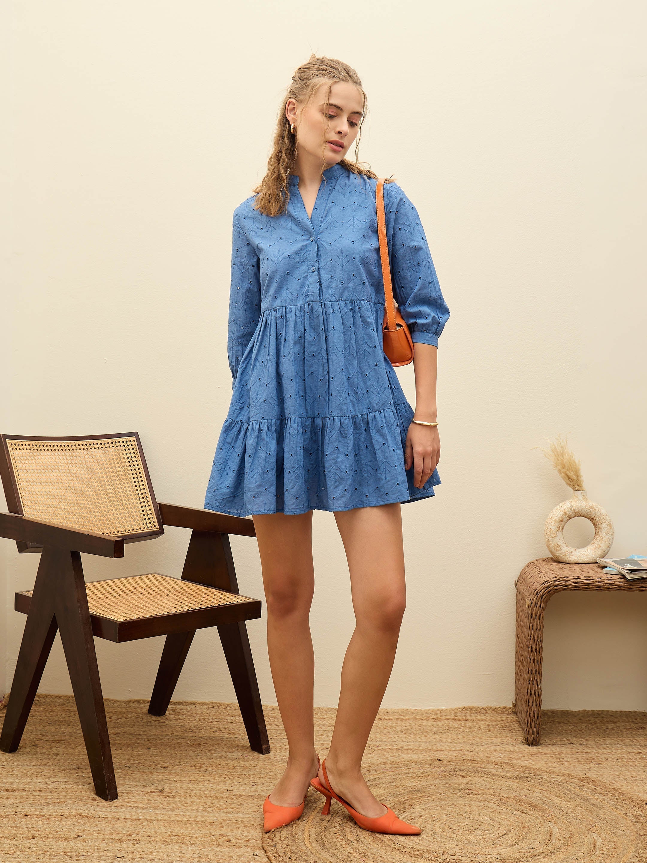 Women Blue Schiffli Mandarin Collar Short Dress-SFDRSS12874