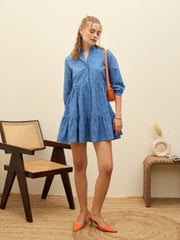 Women Blue Schiffli Mandarin Collar Short Dress-SFDRSS12874