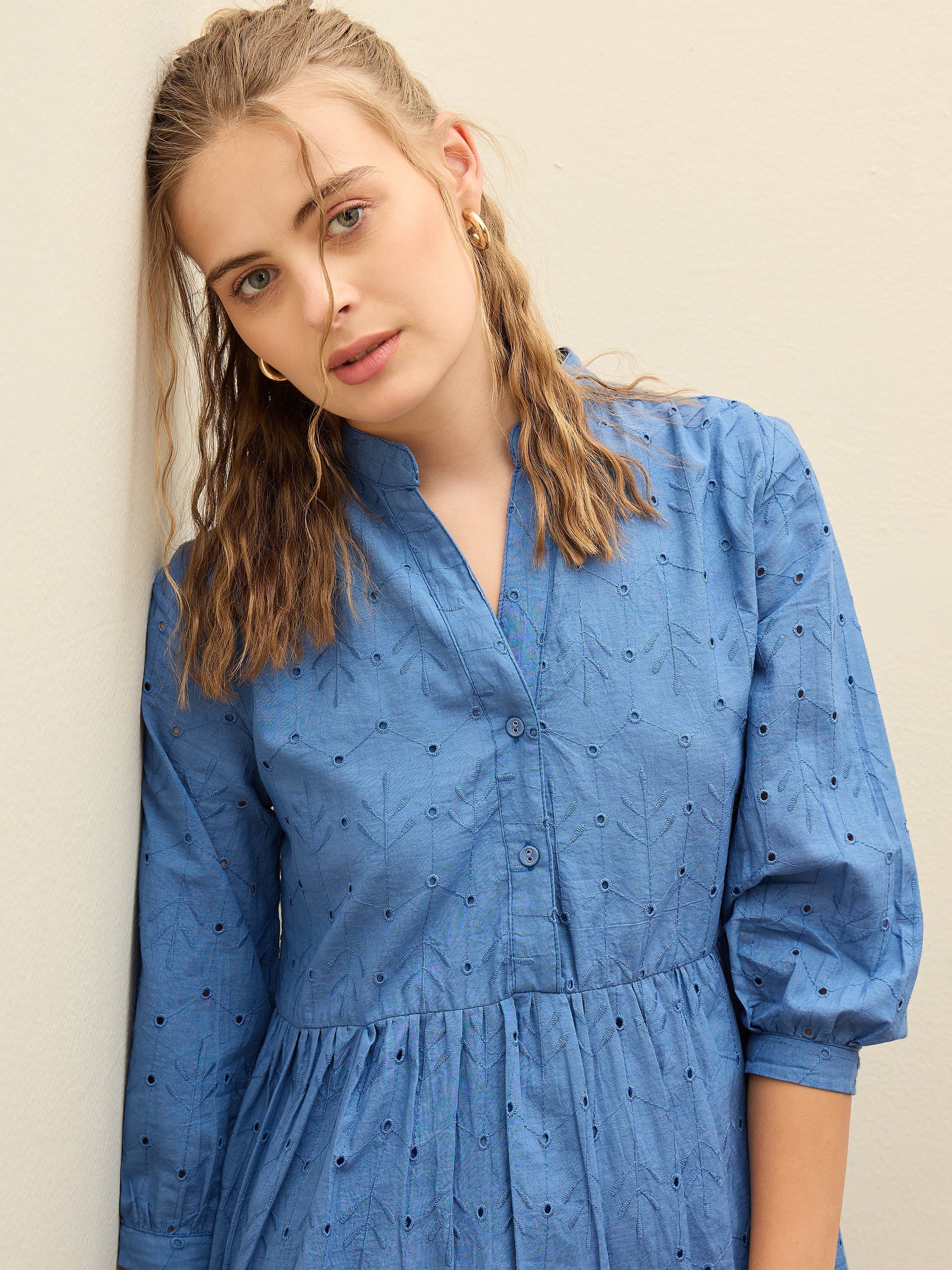 Women Blue Schiffli Mandarin Collar Short Dress-SFDRSS12874