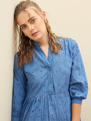 Women Blue Schiffli Mandarin Collar Short Dress-SFDRSS12874