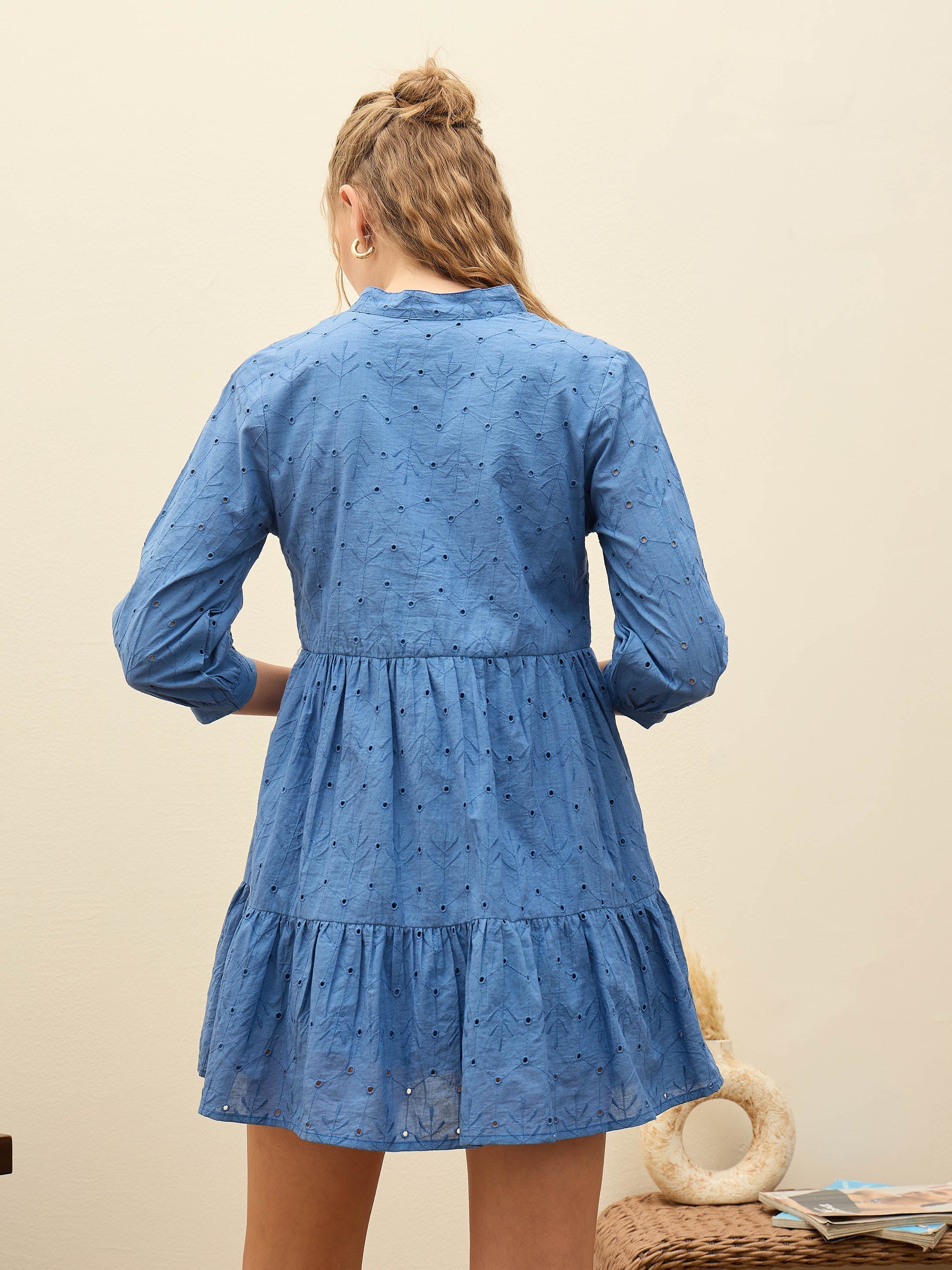 Women Blue Schiffli Mandarin Collar Short Dress-SFDRSS12874