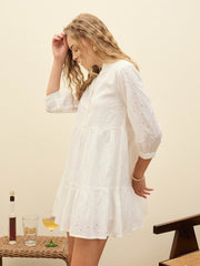 Women White Schiffli Mandarin Collar Short Dress-SFDRSS12875