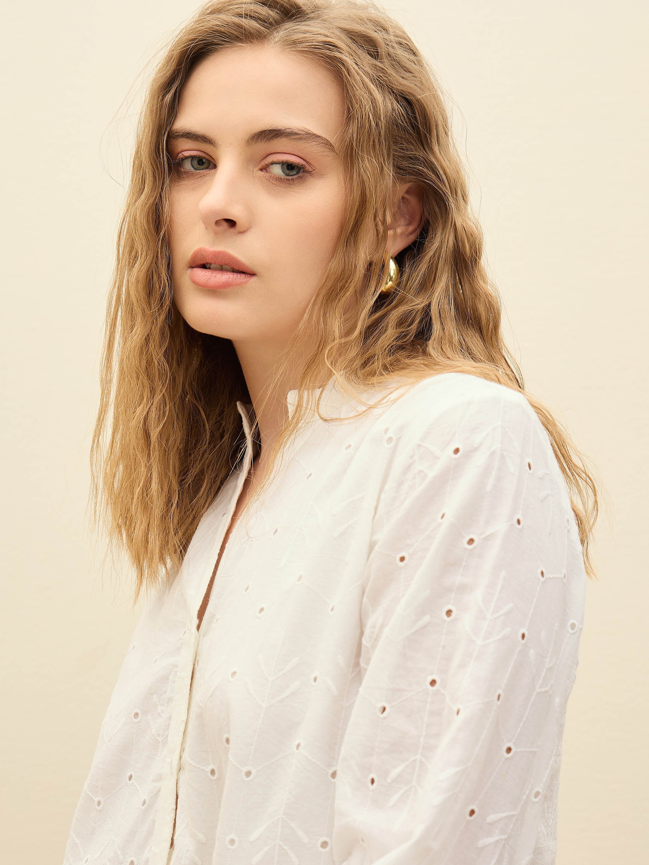 Women White Schiffli Mandarin Collar Short Dress-SFDRSS12875