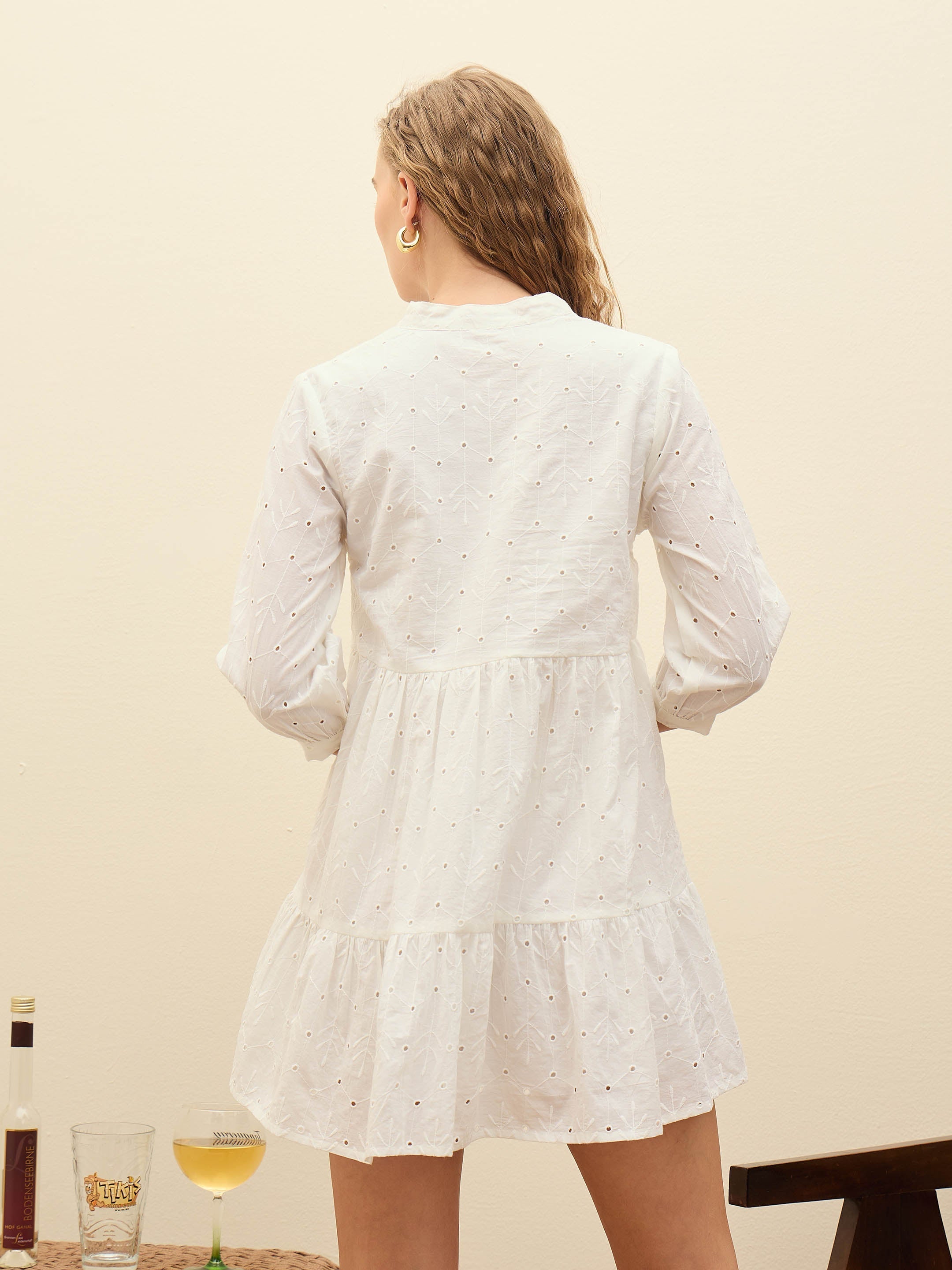 Women White Schiffli Mandarin Collar Short Dress-SFDRSS12875