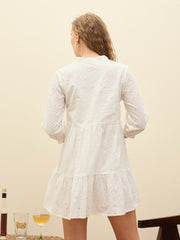 Women White Schiffli Mandarin Collar Short Dress-SFDRSS12875