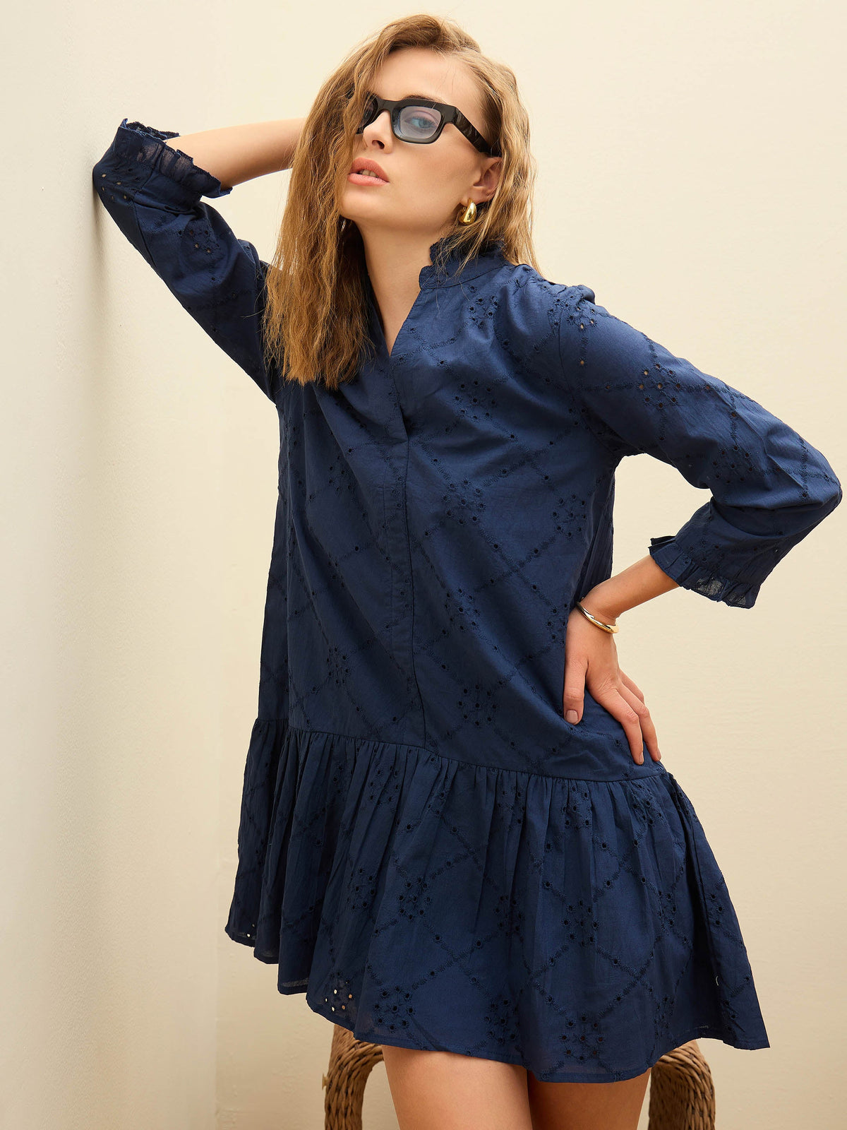 Women Navy Schiffli Frill Neck Short Dress-SFDRSS12876