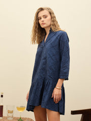 Women Navy Schiffli Frill Neck Short Dress-SFDRSS12876