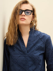 Women Navy Schiffli Frill Neck Short Dress-SFDRSS12876