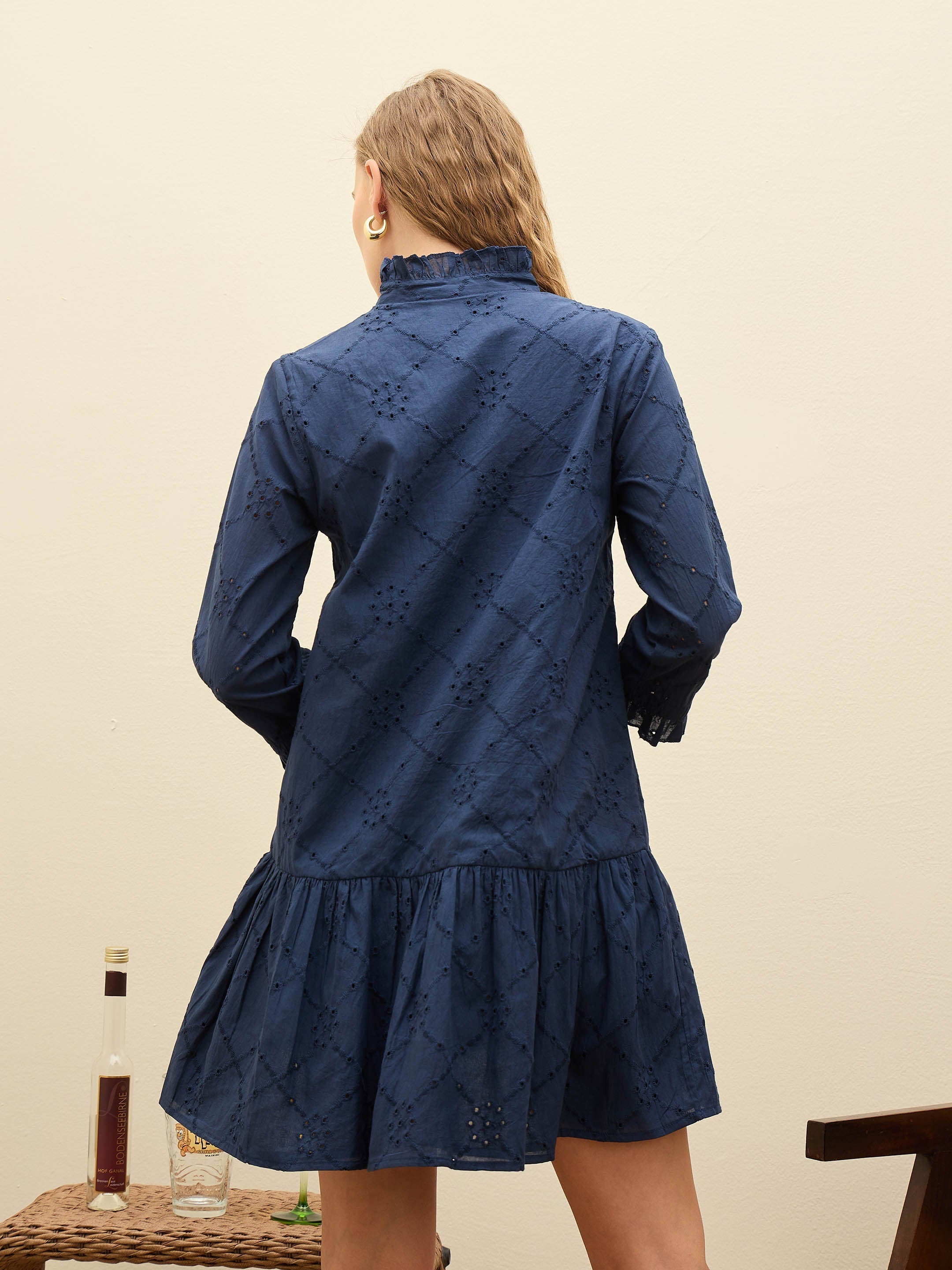 Women Navy Schiffli Frill Neck Short Dress-SFDRSS12876