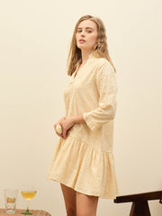 Women Ecru Schiffli frill Neck Short Dress-SFDRSS12877