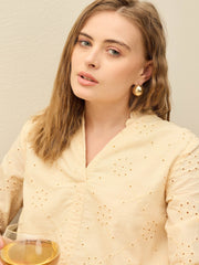 Women Ecru Schiffli frill Neck Short Dress-SFDRSS12877