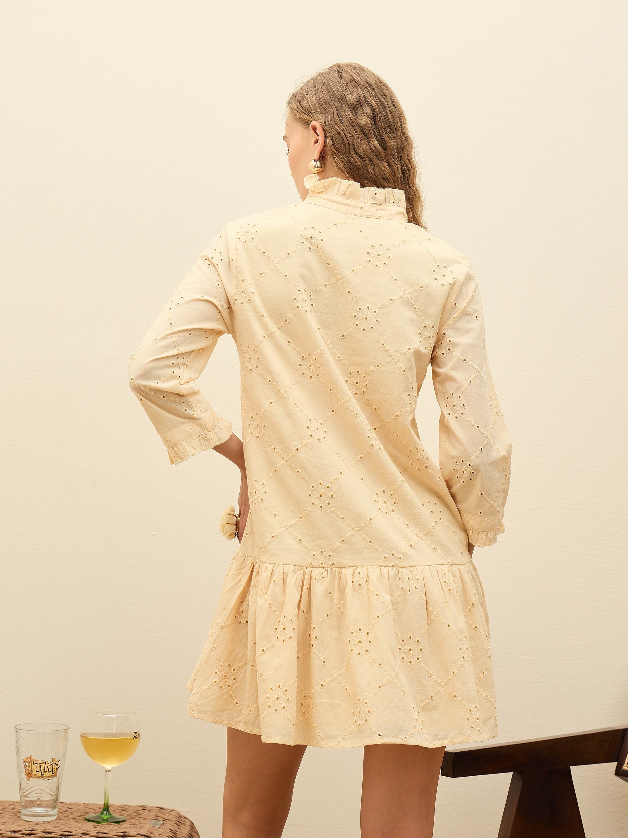 Women Ecru Schiffli frill Neck Short Dress-SFDRSS12877