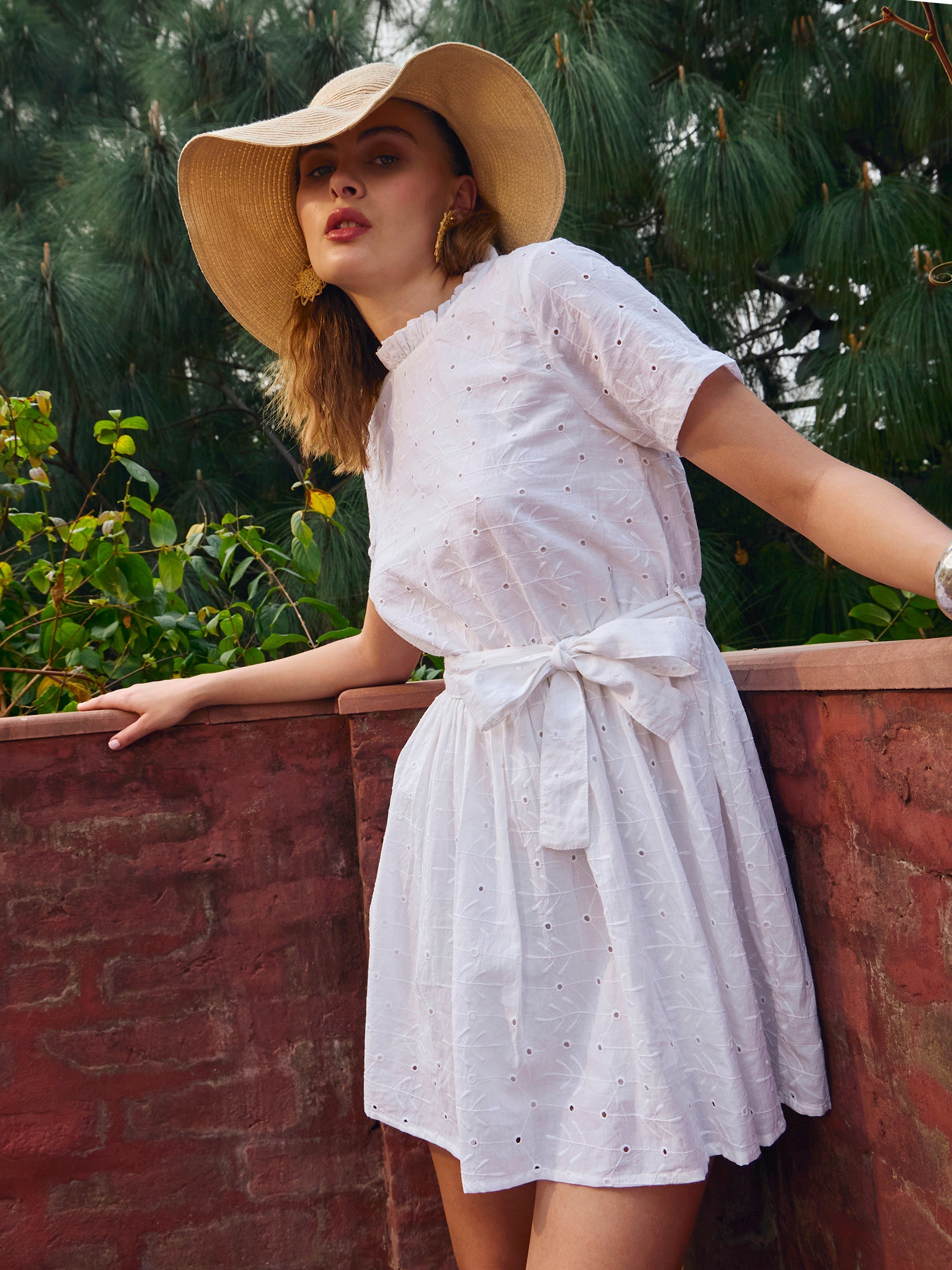 Women White Schiffli Round Neck Belted Short Dress-SFDRSS12878