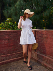 Women White Schiffli Round Neck Belted Short Dress-SFDRSS12878