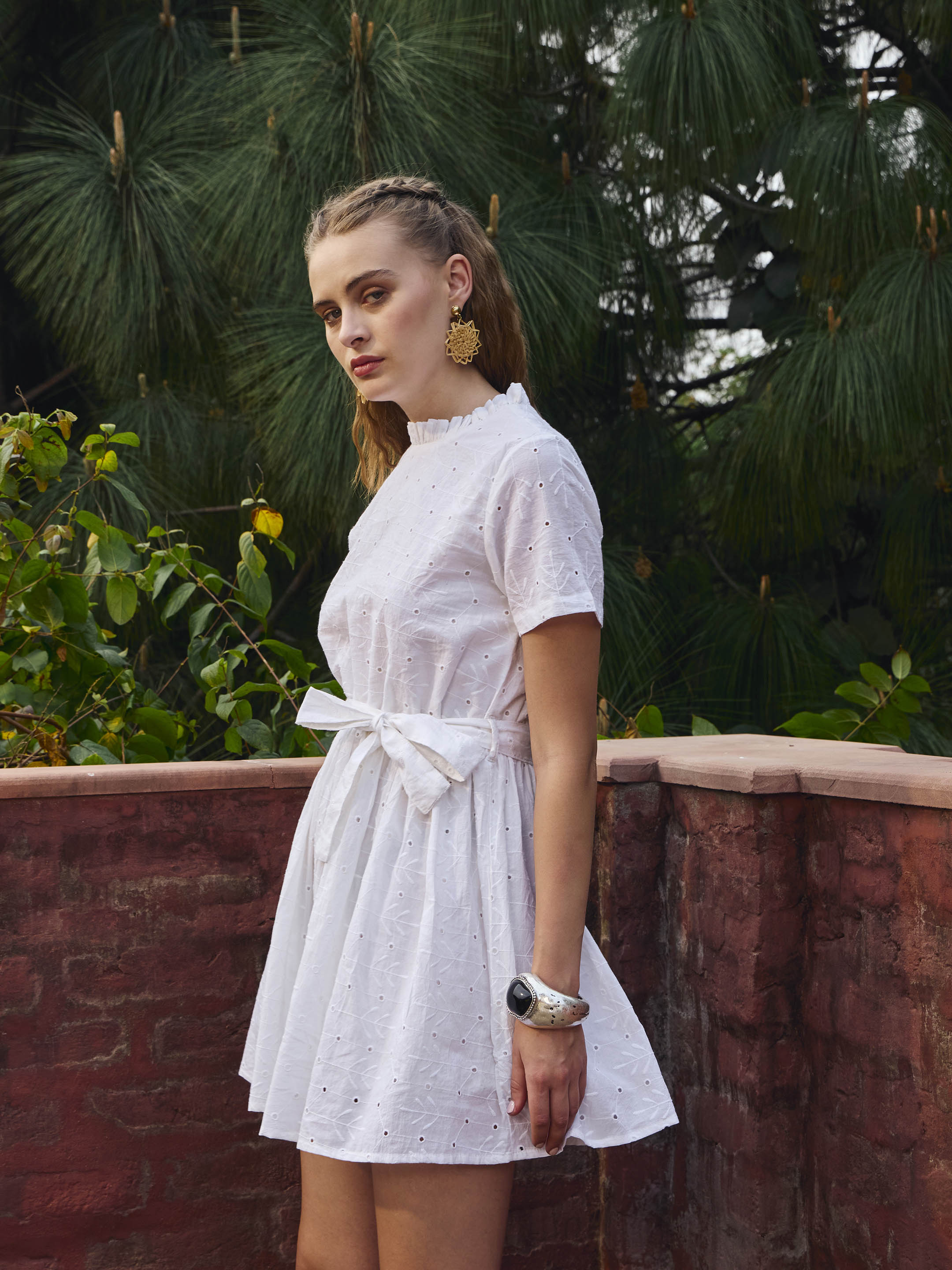 Women White Schiffli Round Neck Belted Short Dress-SFDRSS12878