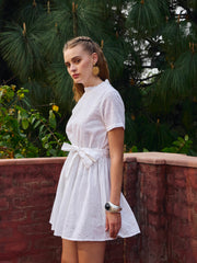 Women White Schiffli Round Neck Belted Short Dress-SFDRSS12878