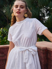 Women White Schiffli Round Neck Belted Short Dress-SFDRSS12878