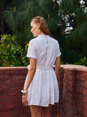 Women White Schiffli Round Neck Belted Short Dress-SFDRSS12878