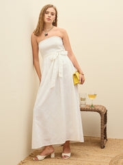 Women White Schiffli Smocking Detail Midi Dress-SFDRSS12880