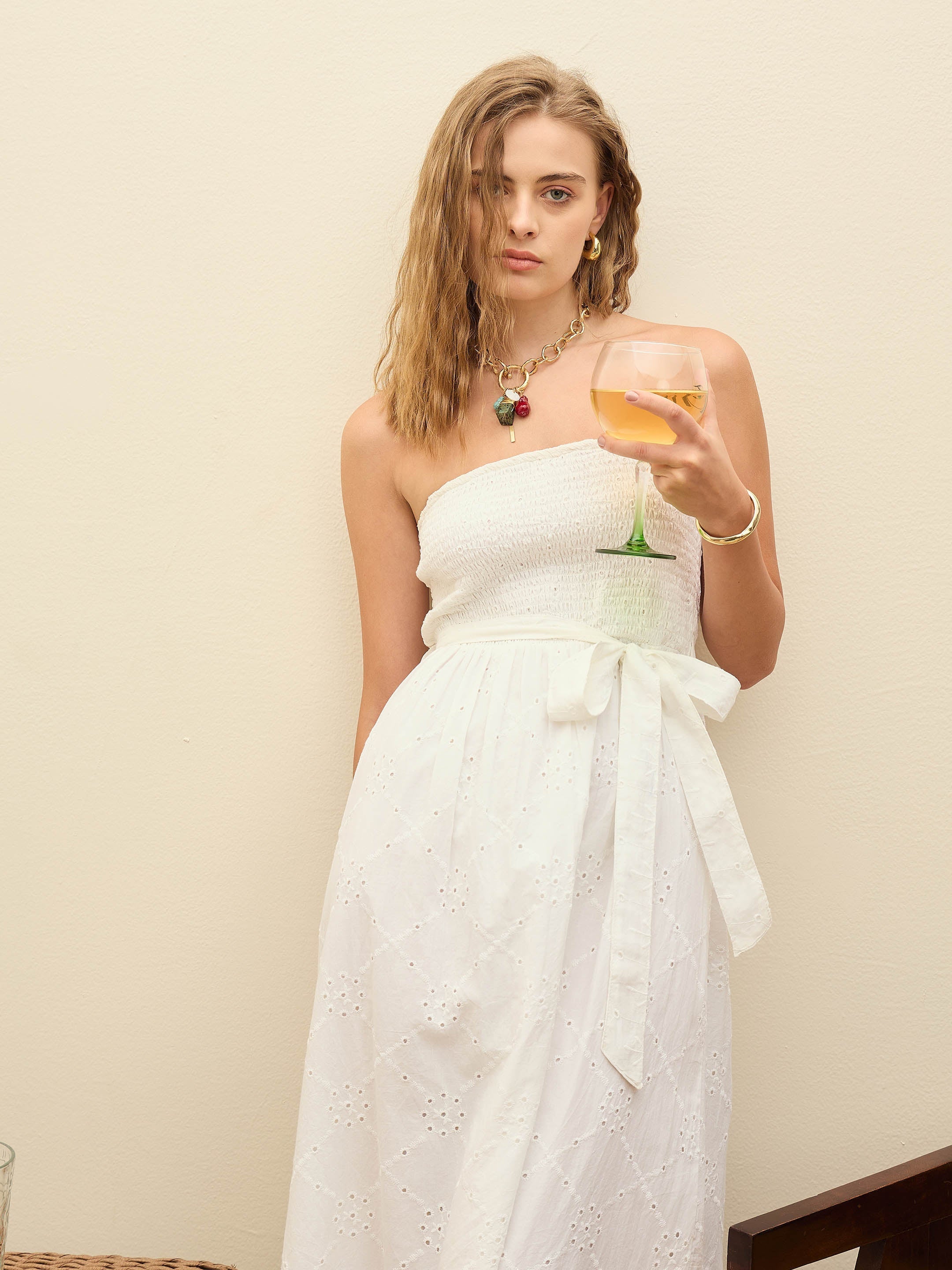 Women White Schiffli Smocking Detail Midi Dress-SFDRSS12880