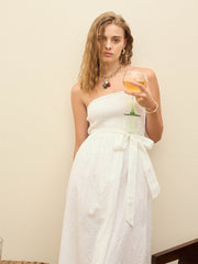 Women White Schiffli Smocking Detail Midi Dress-SFDRSS12880