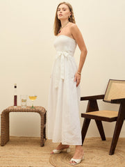 Women White Schiffli Smocking Detail Midi Dress-SFDRSS12880