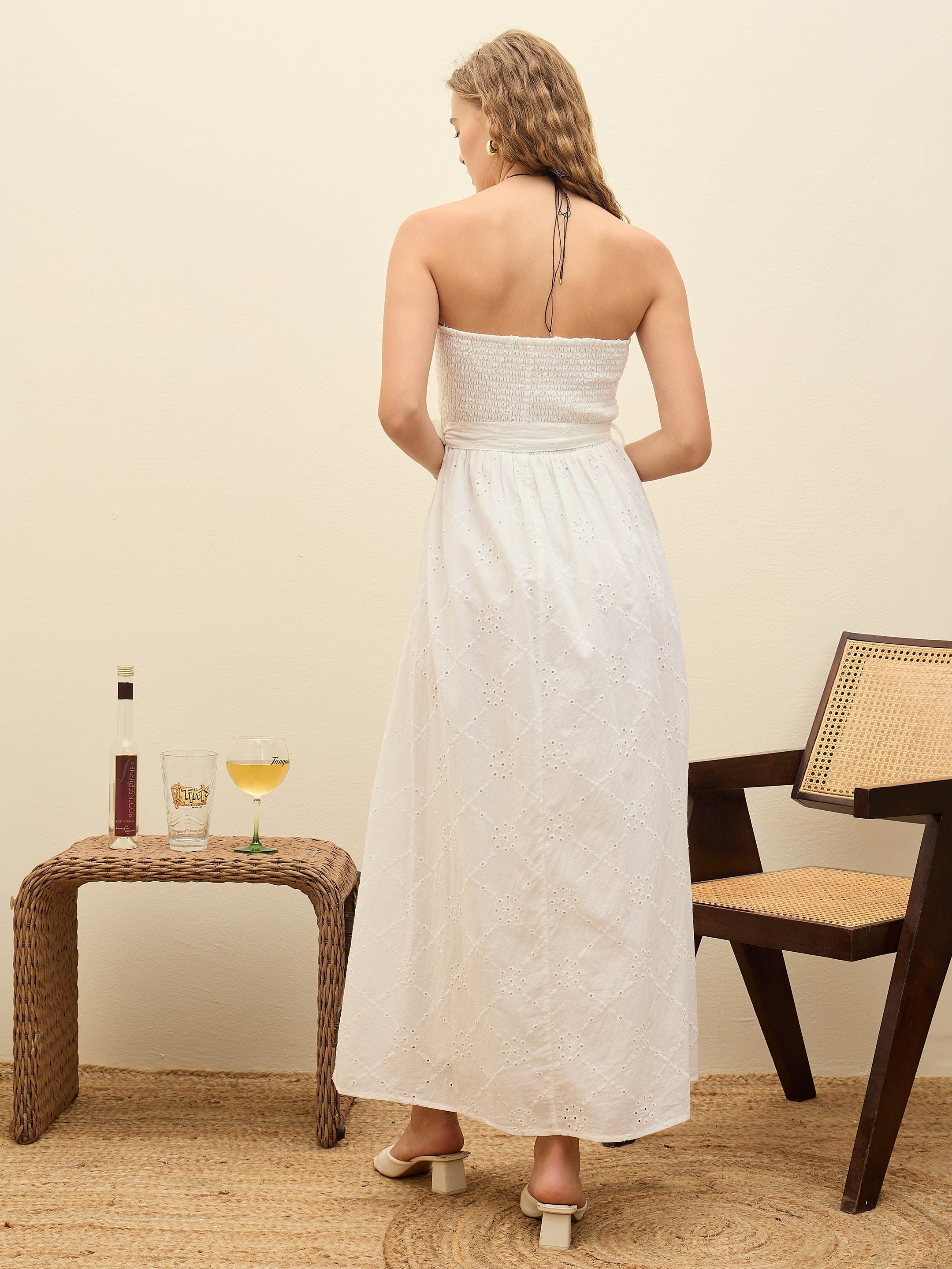 Women White Schiffli Smocking Detail Midi Dress-SFDRSS12880