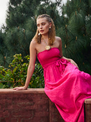 Women Fuchsia Schiffli Smocking Detail Midi Dress-SFDRSS12881