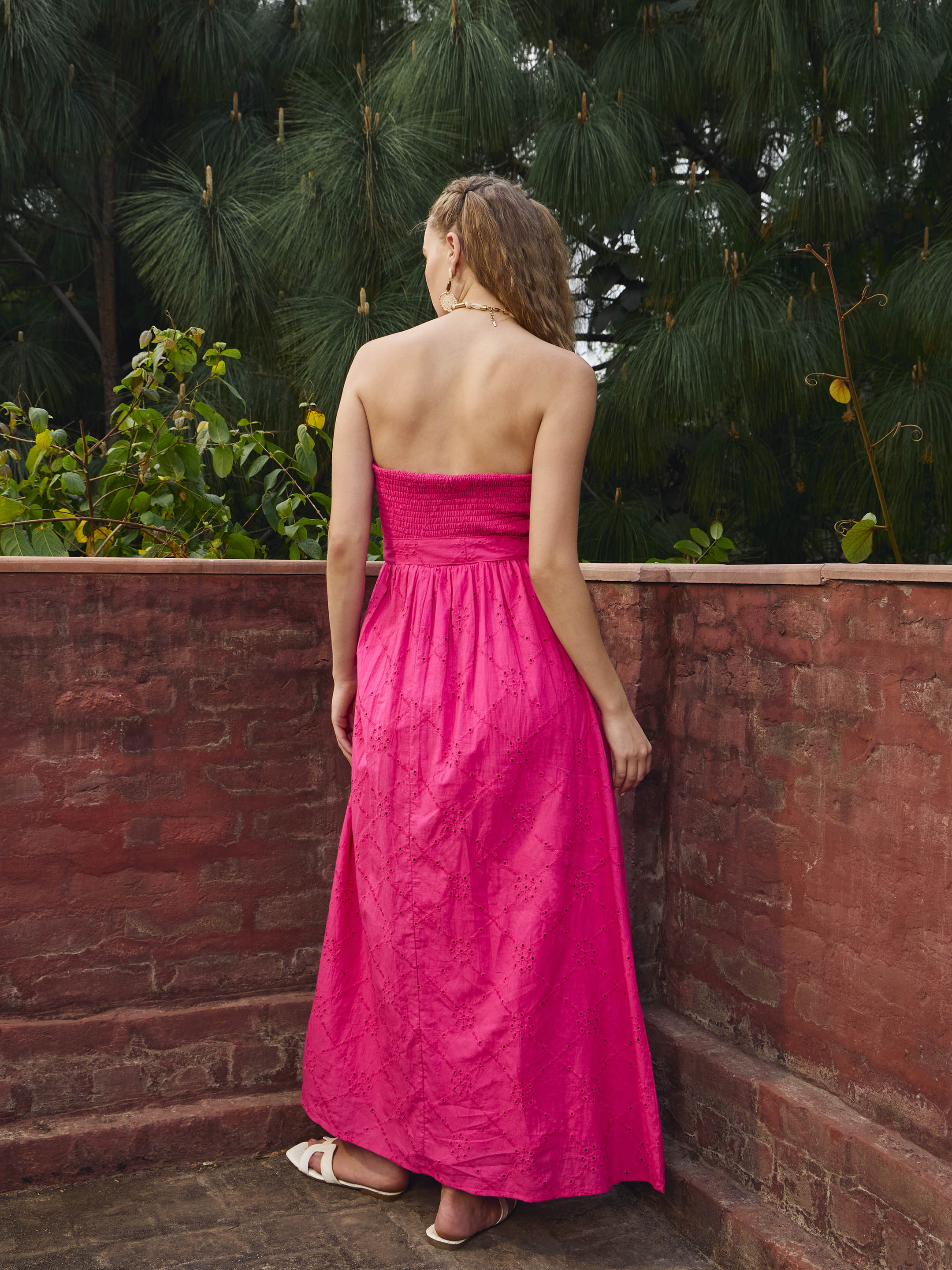 Women Fuchsia Schiffli Smocking Detail Midi Dress-SFDRSS12881