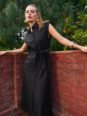 Women Black Schiffli Button Down Midi Dress-SFDRSS12882