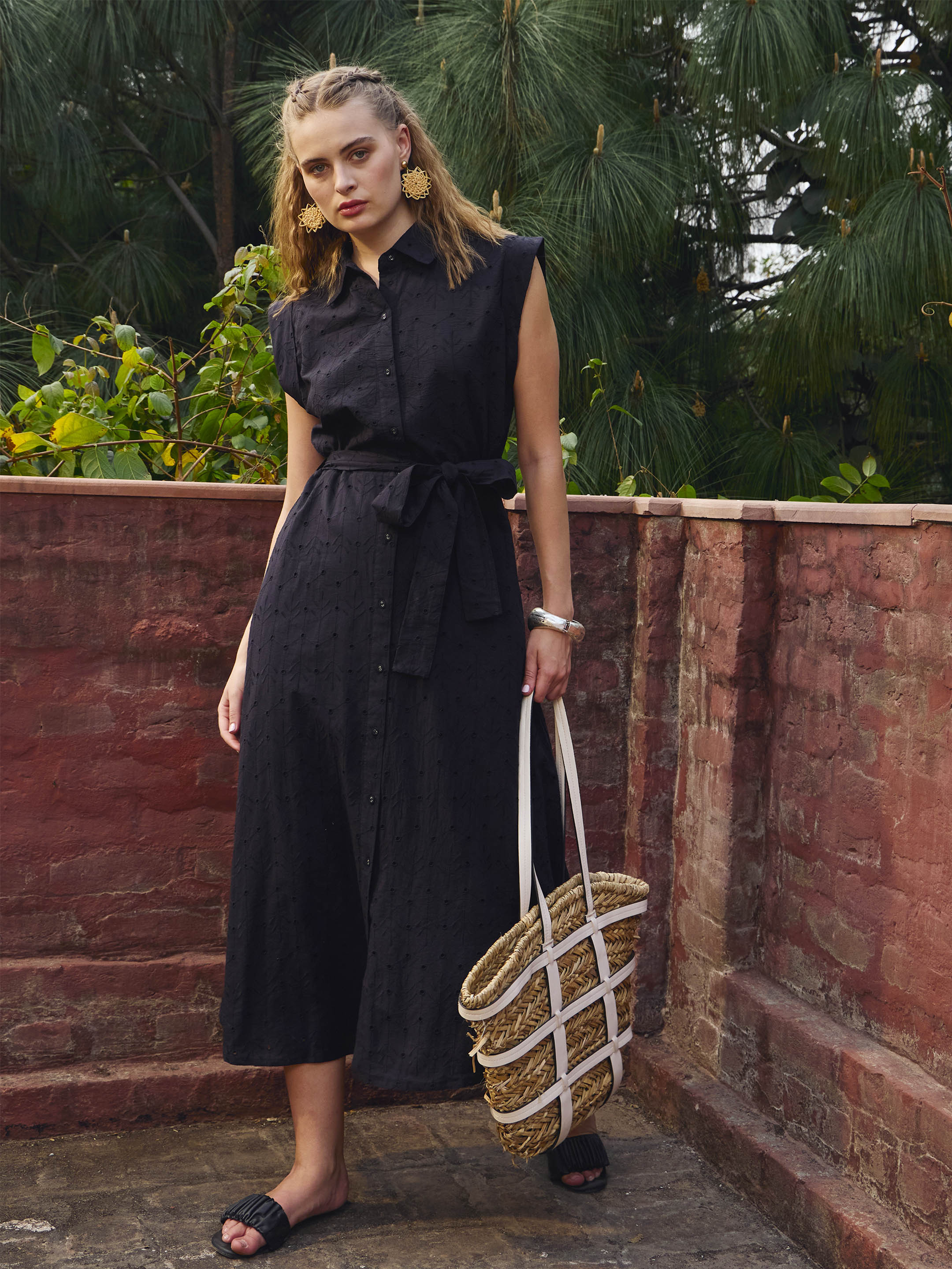 Women Black Schiffli Button Down Midi Dress-SFDRSS12882