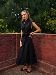 Women Black Schiffli Button Down Midi Dress-SFDRSS12882
