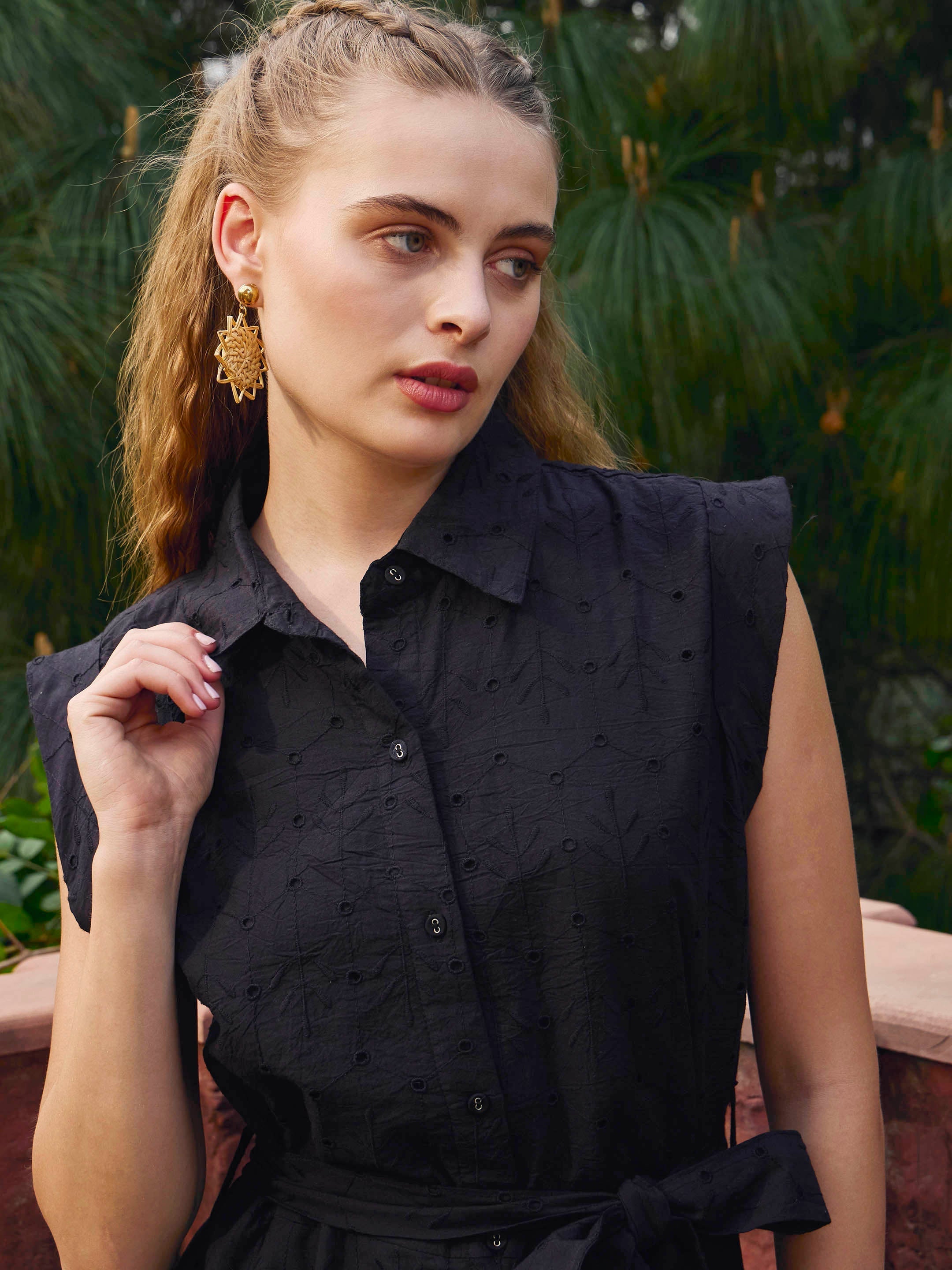 Women Black Schiffli Button Down Midi Dress-SFDRSS12882