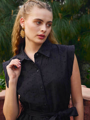 Women Black Schiffli Button Down Midi Dress-SFDRSS12882