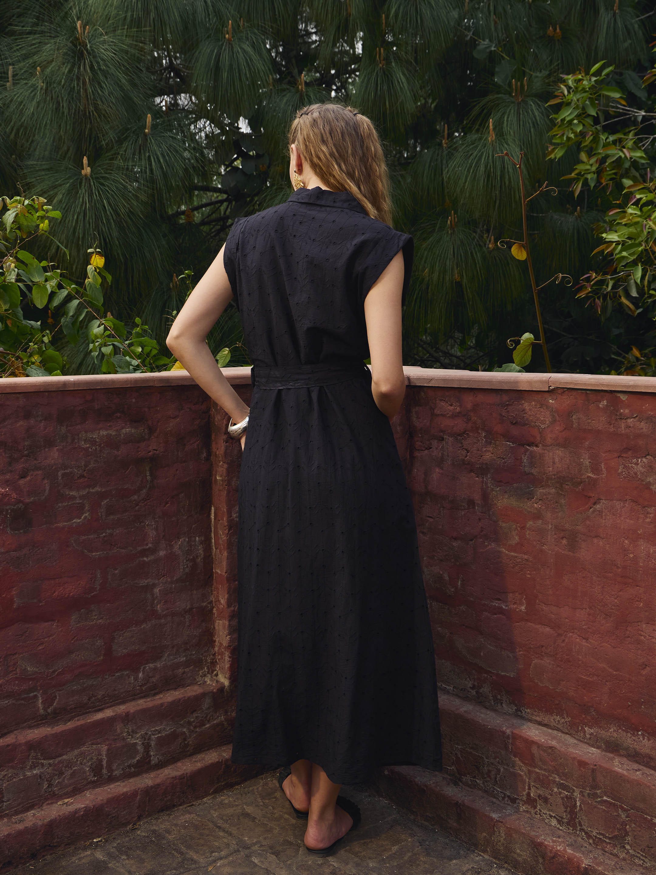 Women Black Schiffli Button Down Midi Dress-SFDRSS12882