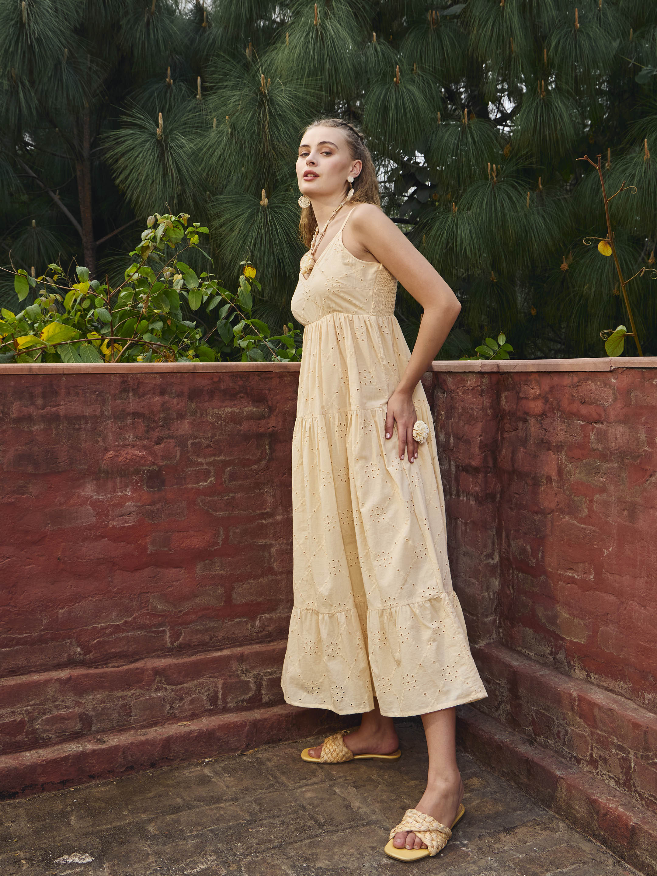 Women Ecru Schiffli V-Neck Smocked Back Strappy Midi Dress-SFDRSS12884