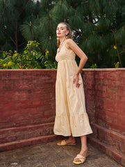 Women Ecru Schiffli V-Neck Smocked Back Strappy Midi Dress-SFDRSS12884