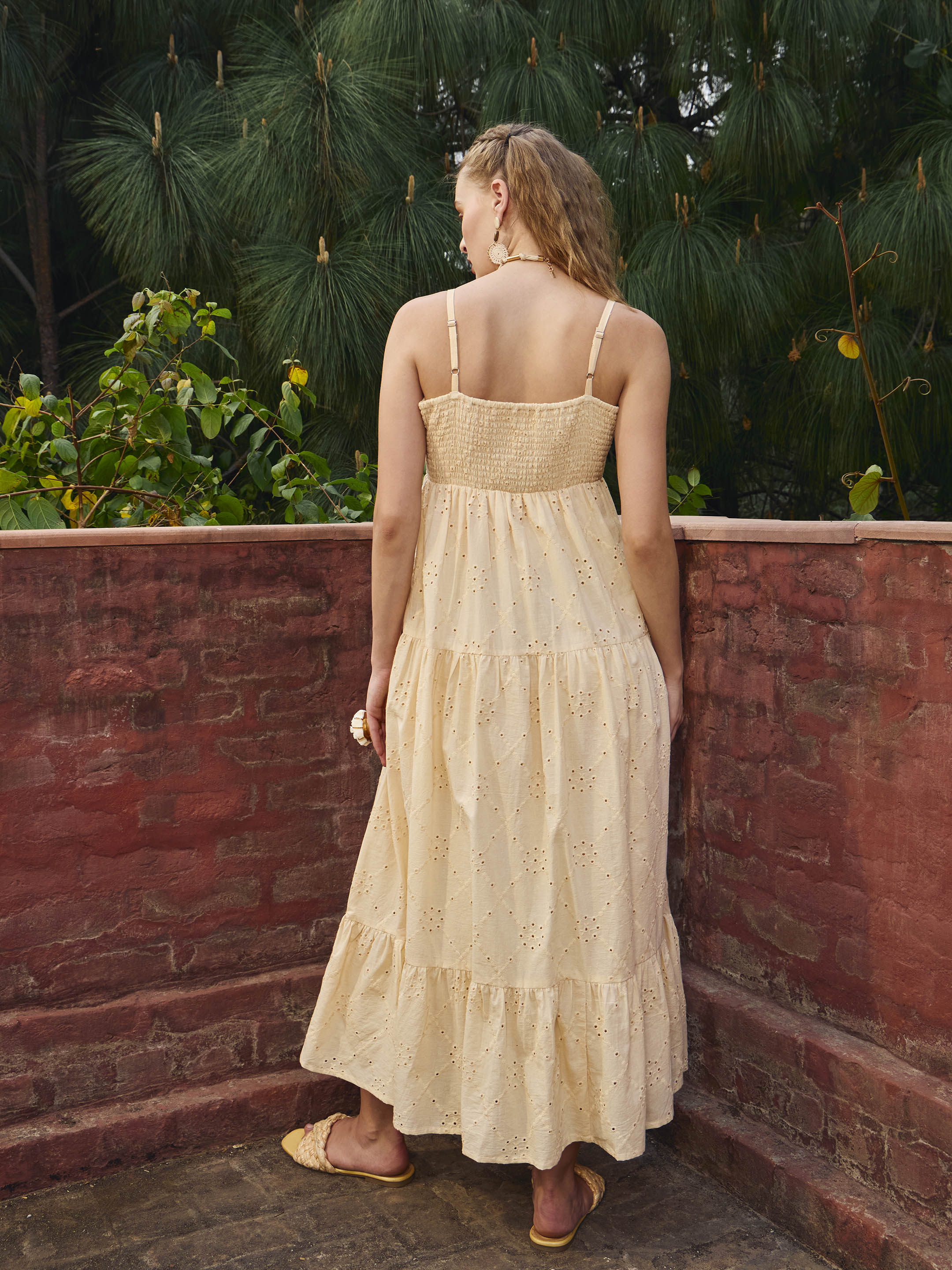 Women Ecru Schiffli V-Neck Smocked Back Strappy Midi Dress-SFDRSS12884