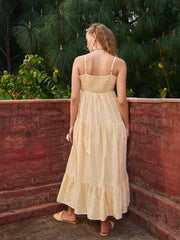 Women Ecru Schiffli V-Neck Smocked Back Strappy Midi Dress-SFDRSS12884