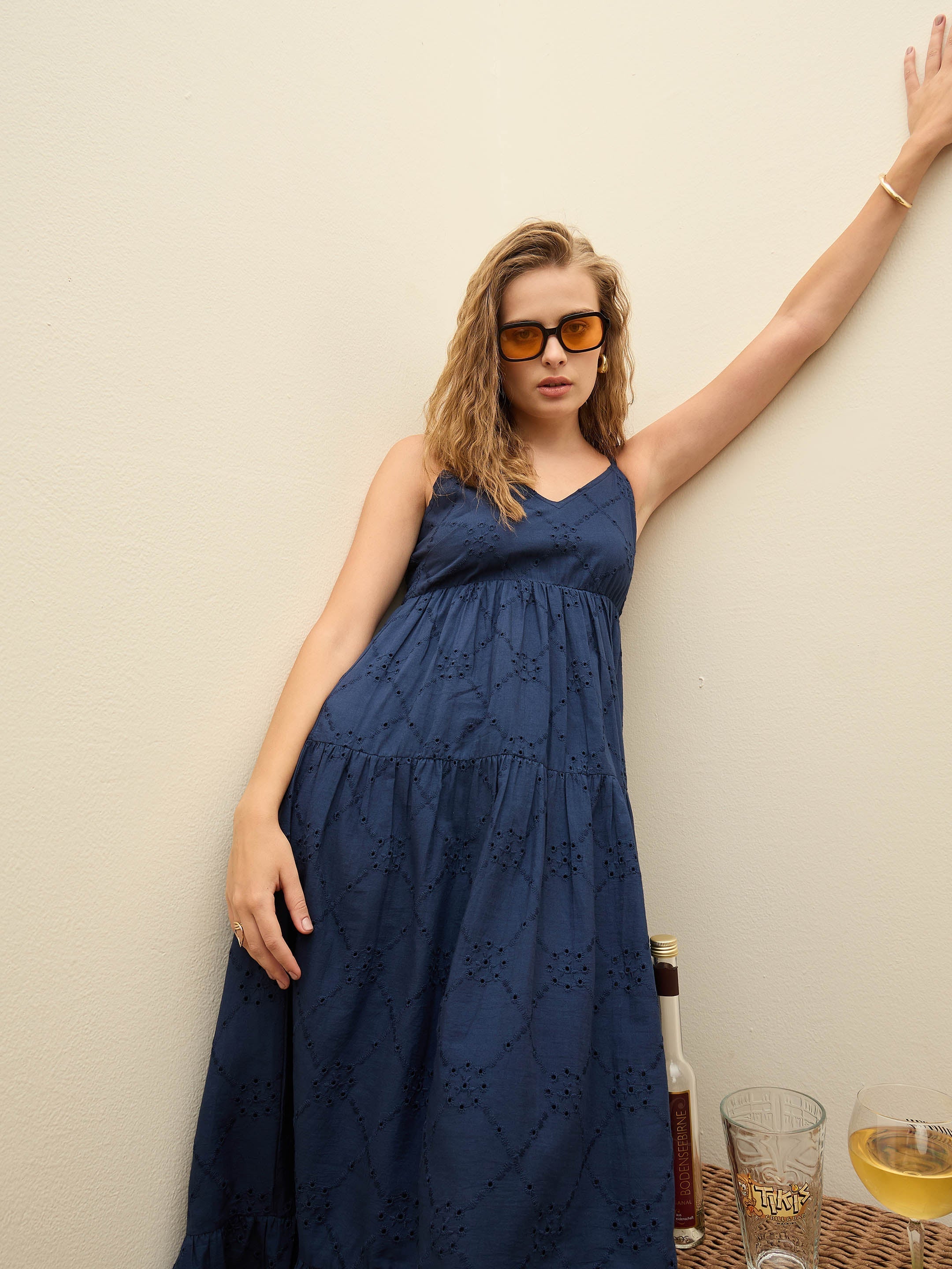 Women Navy Schiffli V-Neck Smocked Back Strappy Midi Dress-SFDRSS12885