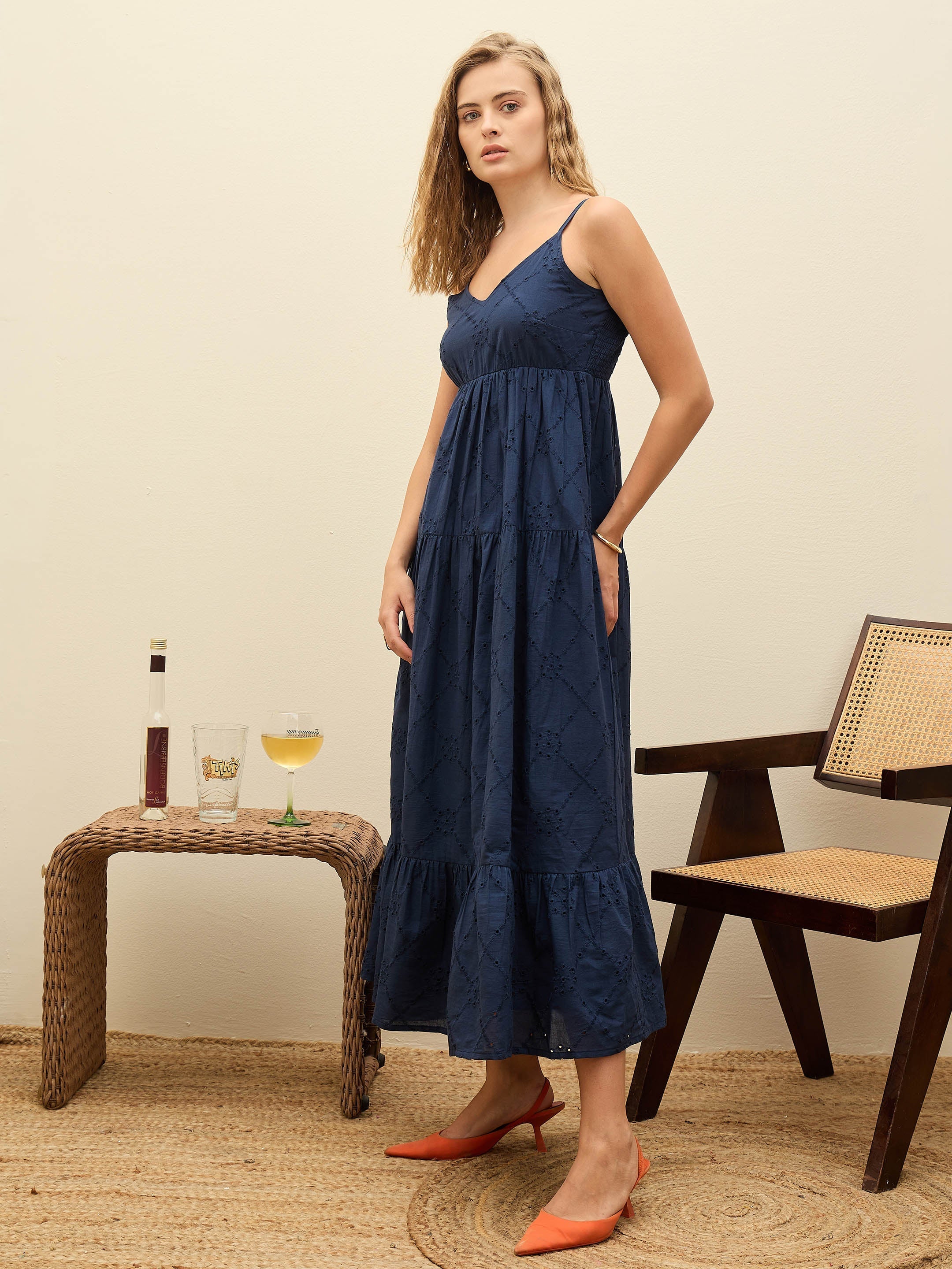 Women Navy Schiffli V-Neck Smocked Back Strappy Midi Dress-SFDRSS12885