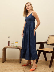 Women Navy Schiffli V-Neck Smocked Back Strappy Midi Dress-SFDRSS12885
