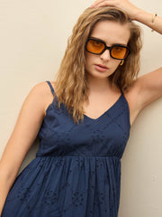 Women Navy Schiffli V-Neck Smocked Back Strappy Midi Dress-SFDRSS12885