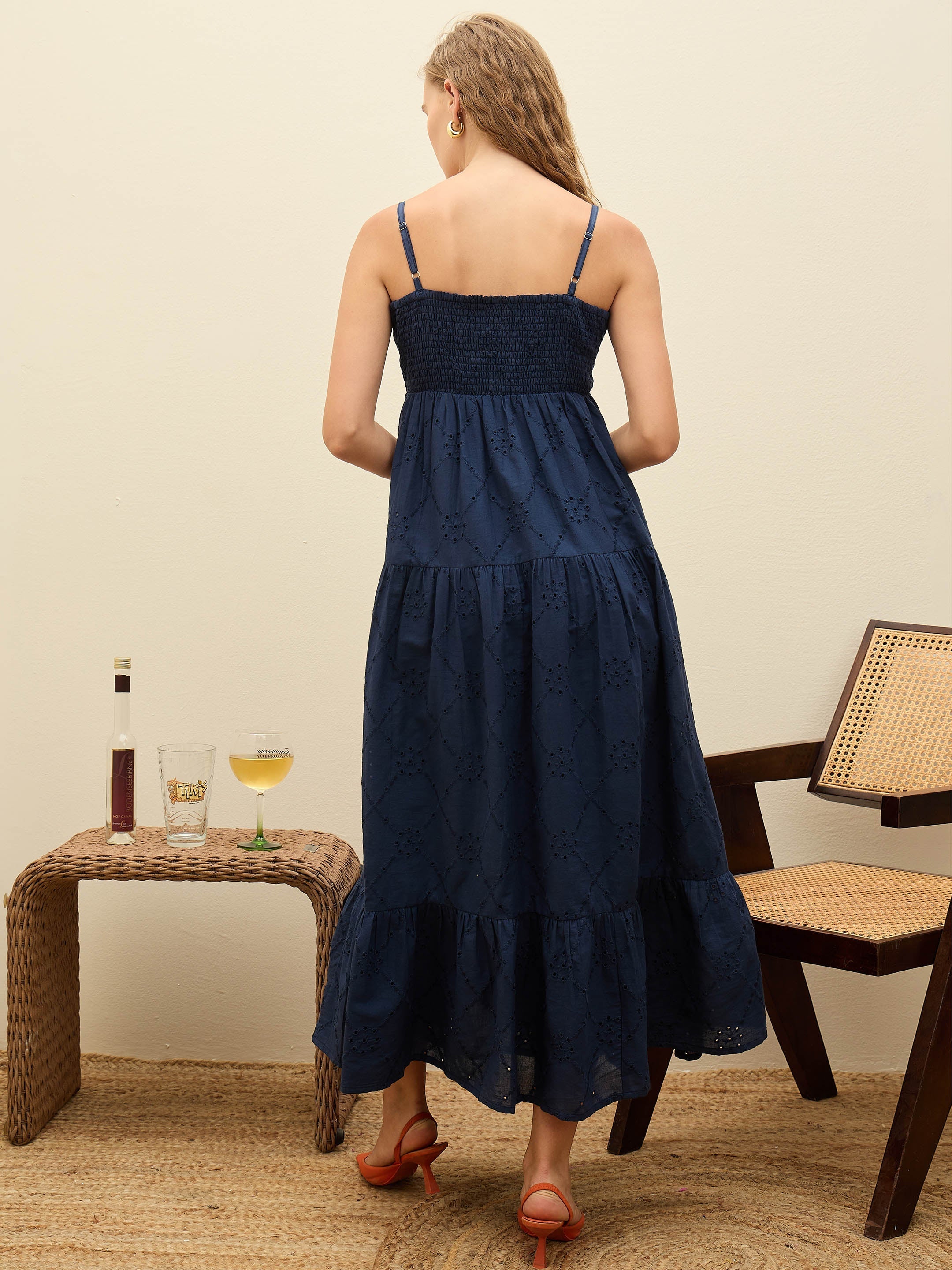 Women Navy Schiffli V-Neck Smocked Back Strappy Midi Dress-SFDRSS12885