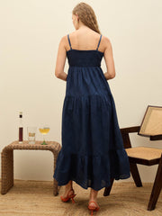 Women Navy Schiffli V-Neck Smocked Back Strappy Midi Dress-SFDRSS12885